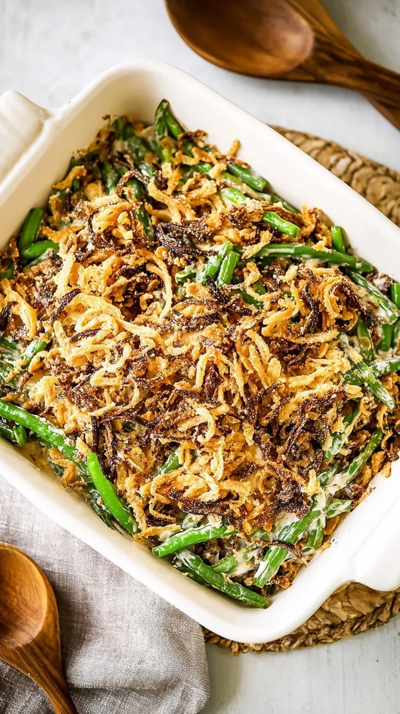 A golden brown healthy green bean casserole in a white ceramic baking dish with crispy onion topping.