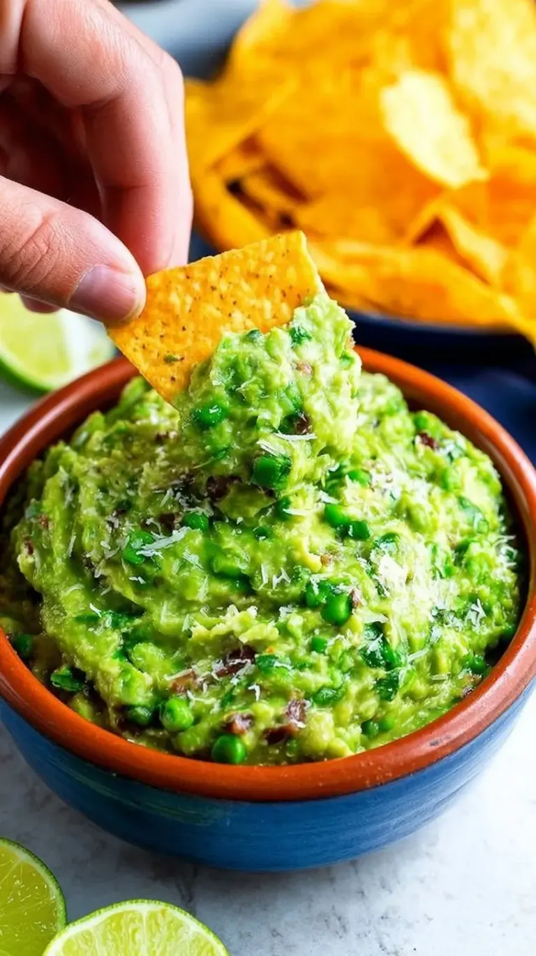 A bowl of vibrant green healthy pea guacamole topped with fresh cilantro and red onion