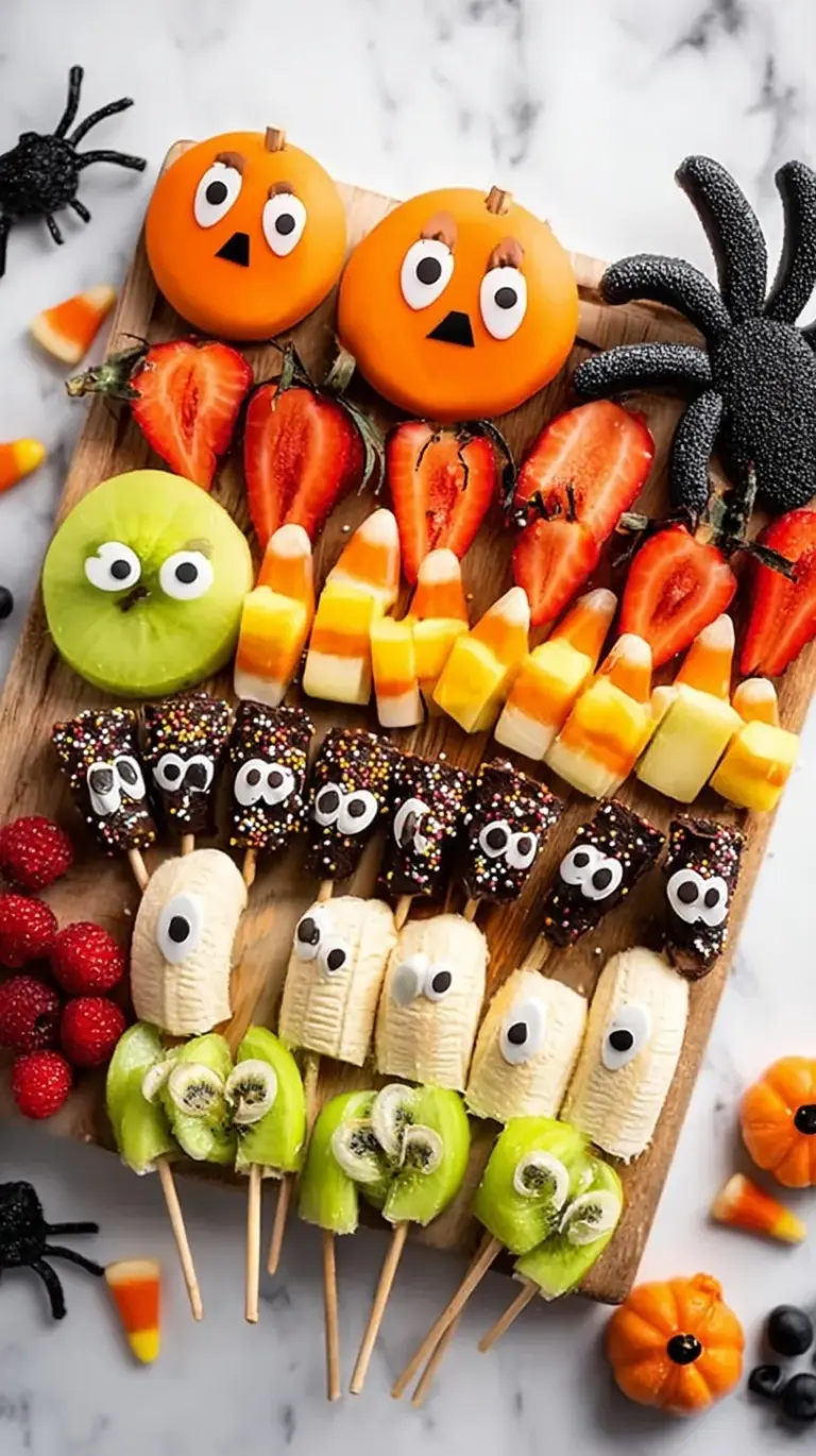 A festive fruit platter featuring banana ghosts with chocolate chip faces and clementine pumpkins with celery stems.