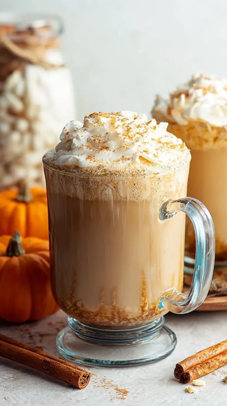 A steaming healthy homemade pumpkin spice latte in a ceramic mug topped with a dash of cinnamon