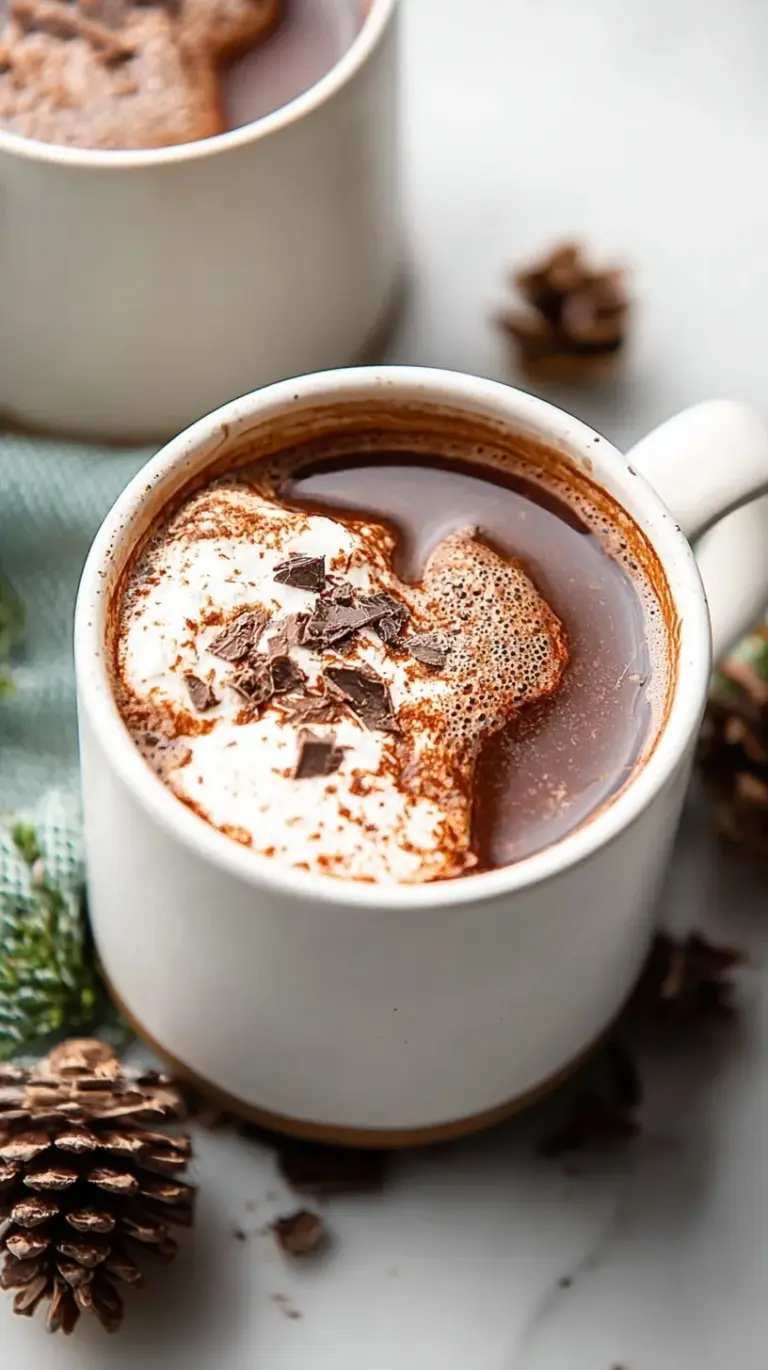 A steaming mug of healthy hot chocolate with a dusting of cinnamon on top.