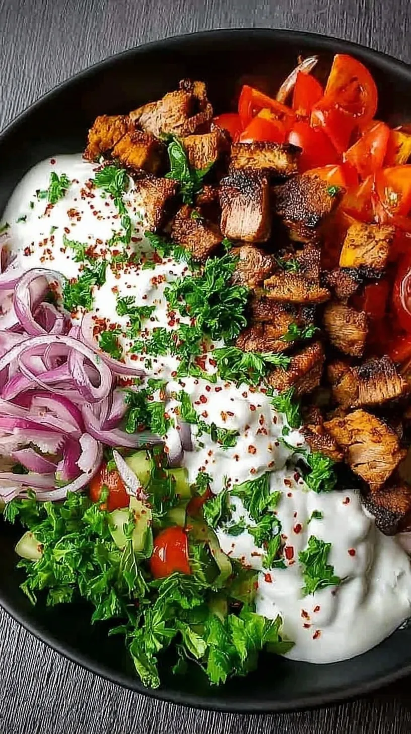 A vibrant high-protein kebab bowl with grilled chicken, quinoa, fresh vegetables, and creamy tzatziki sauce.