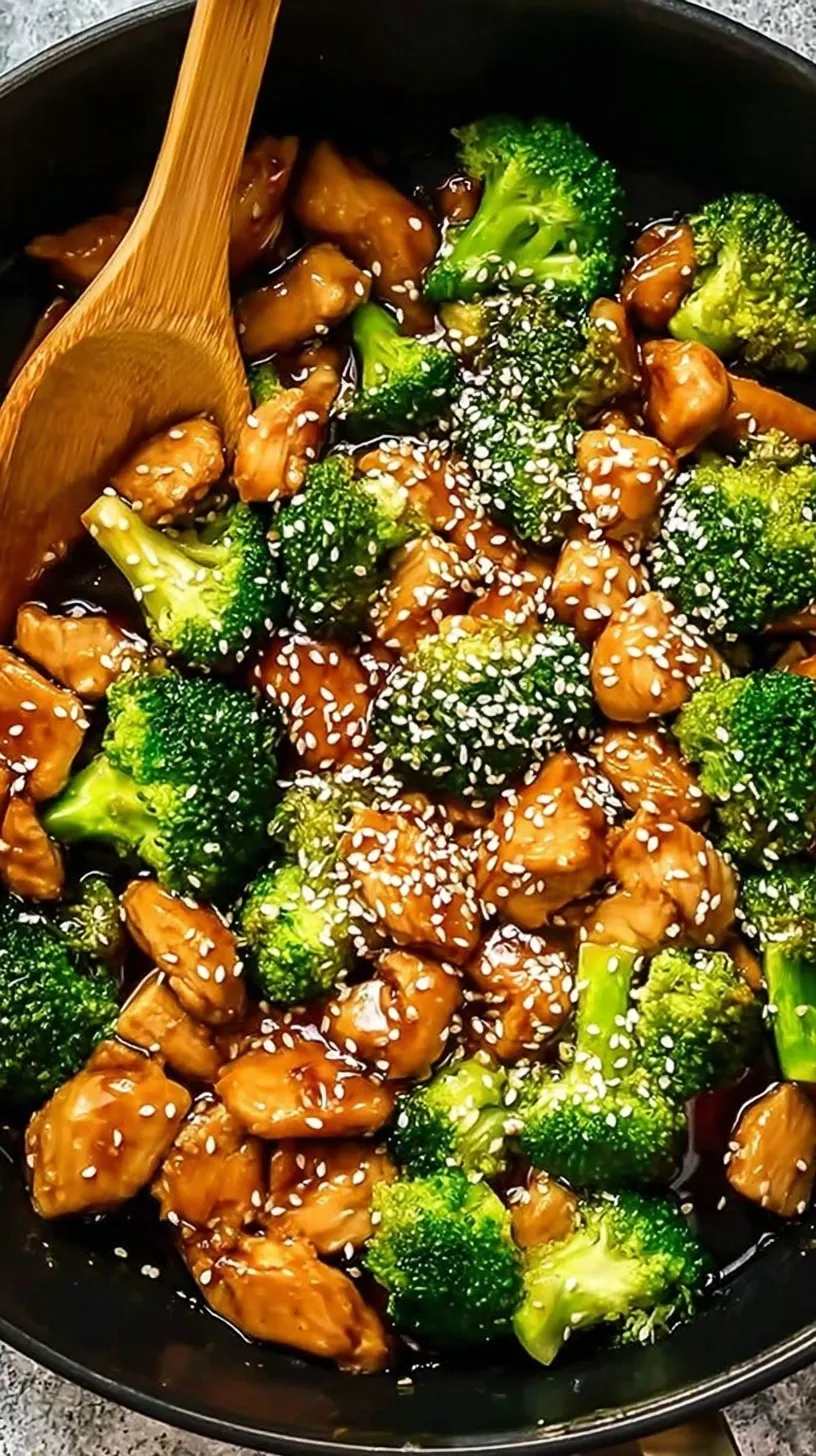 A vibrant healthy chicken stir fry with green broccoli and golden chicken in a savory sauce.