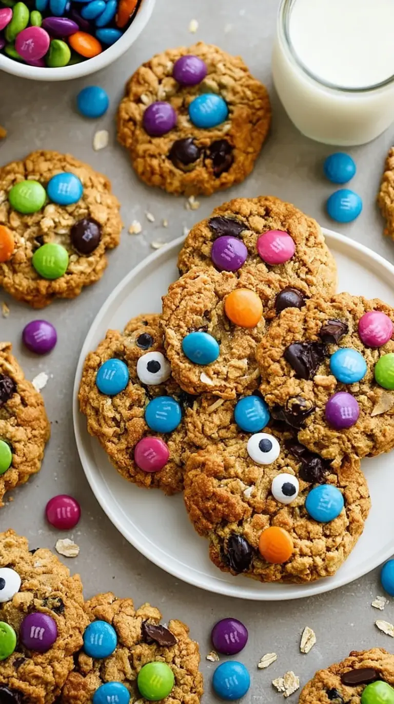 A stack of healthy monster cookies with dark chocolate chips and candy-coated chocolates on a parchment-lined tray.