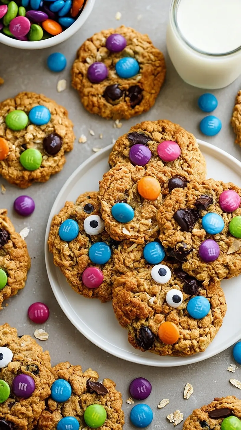 A stack of healthy monster cookies with dark chocolate chips and candy-coated chocolates on a parchment-lined tray.