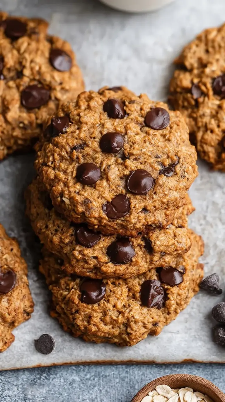 A stack of healthy oatmeal chocolate chip cookies on a cooling rack with dark chocolate chips scattered around.