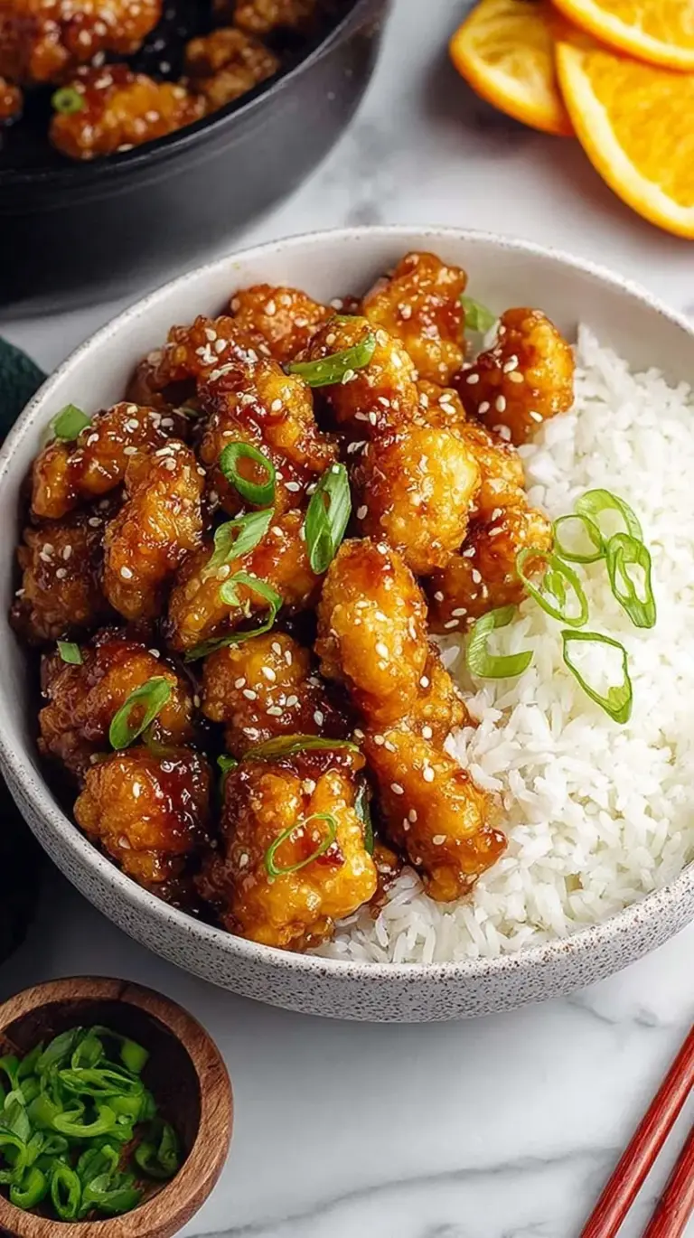 A white bowl filled with Healthy Orange Chicken garnished with green onions and sesame seeds over brown rice.