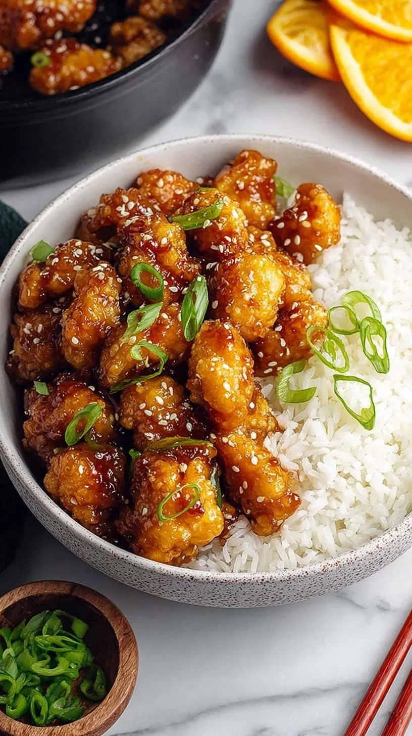 A white bowl filled with Healthy Orange Chicken garnished with green onions and sesame seeds over brown rice.