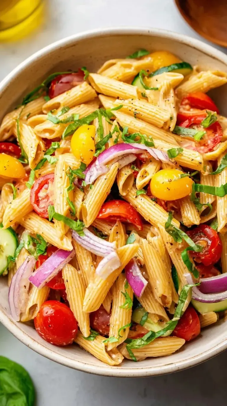 A colorful bowl of healthy pasta salad with whole wheat rotini, cherry tomatoes, cucumbers, and feta cheese.