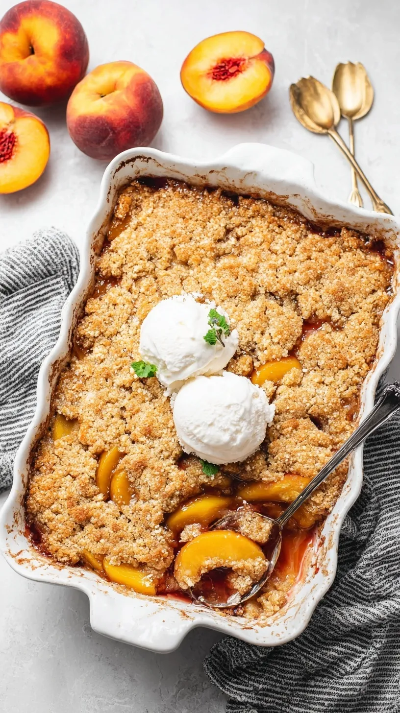 A baking dish filled with golden brown healthy peach cobbler and bubbling fruit.