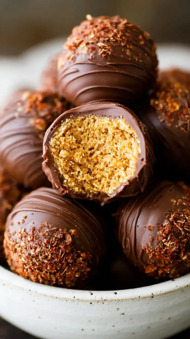 A stack of round healthy peanut butter balls with chocolate chips on a white plate