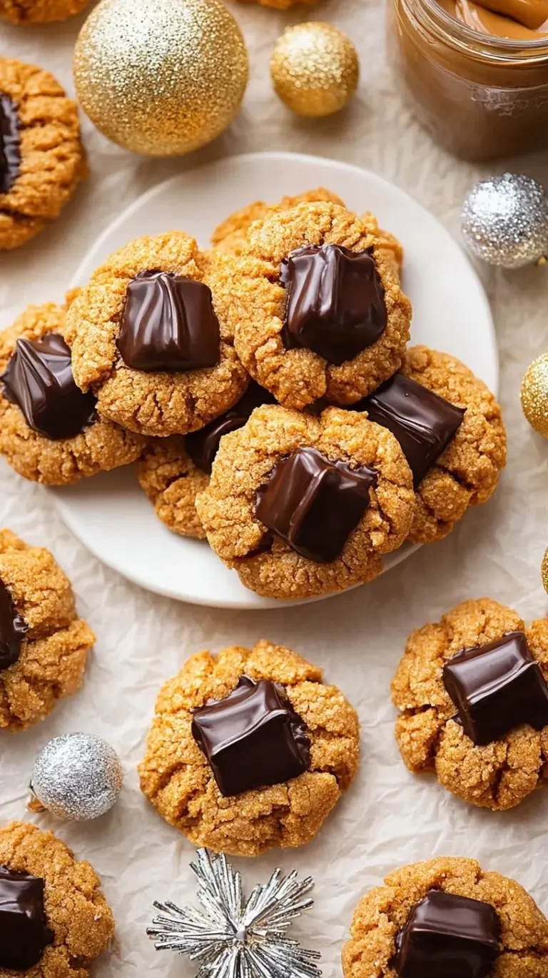 Healthy peanut butter blossoms cookies with dark chocolate kisses on a baking sheet