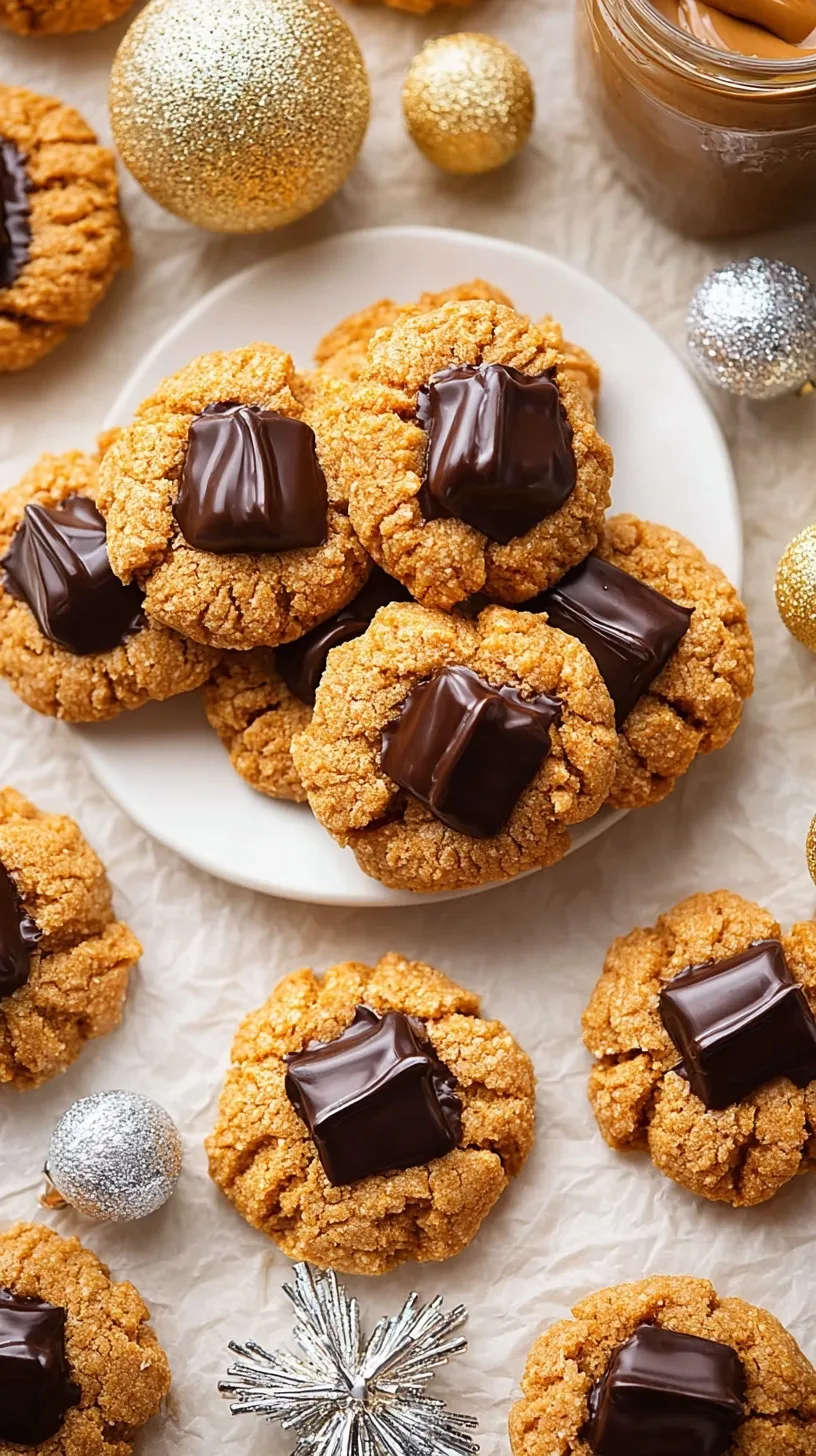 Healthy peanut butter blossoms cookies with dark chocolate kisses on a baking sheet