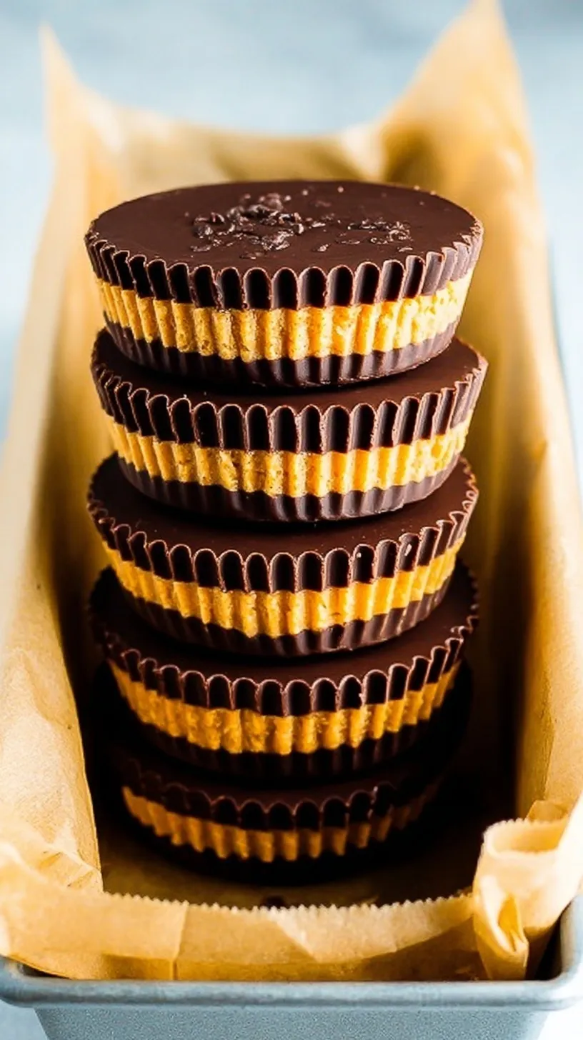 A stack of homemade healthy peanut butter cups topped with flaky sea salt on a white plate.