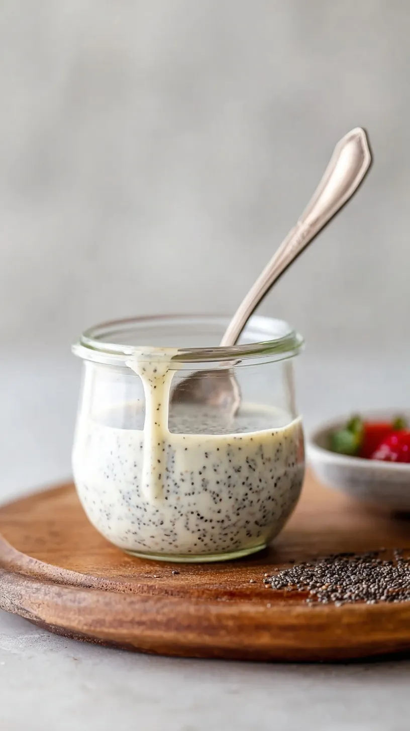 A glass jar filled with creamy white poppy seed dressing next to a fresh spinach salad.