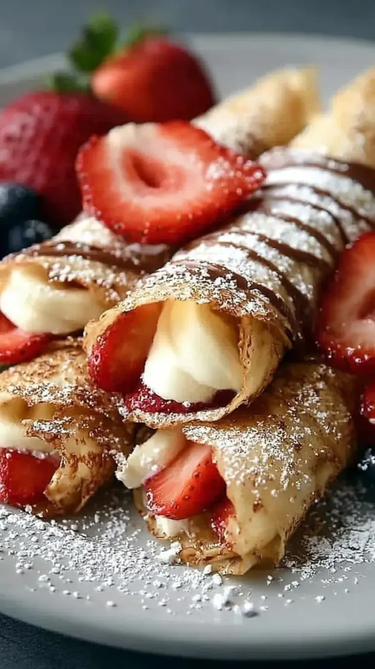 Thin golden crepes folded with creamy yogurt and sliced red strawberries on a white plate.