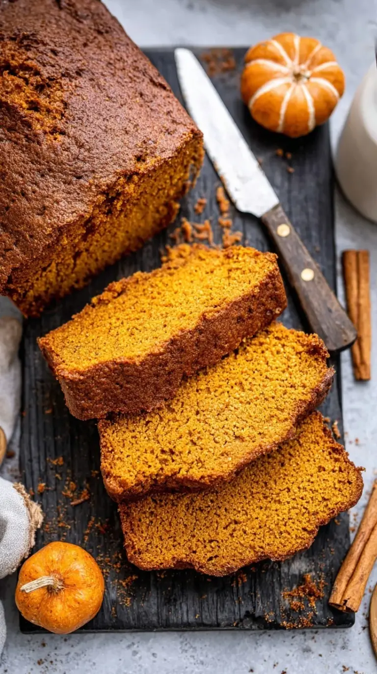 A loaf of healthy pumpkin bread sliced on a wooden board with autumn leaves nearby