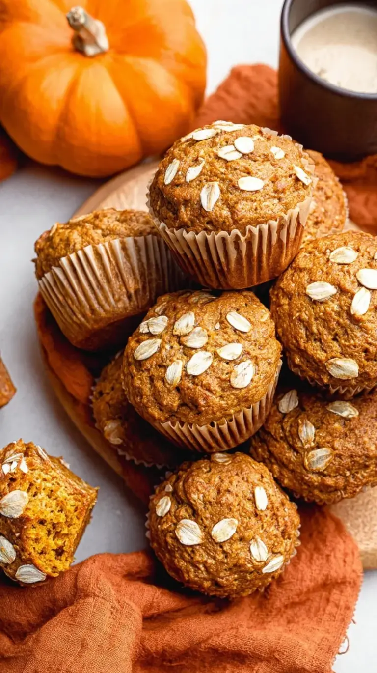 A stack of golden brown healthy pumpkin muffins on a wire cooling rack with autumn leaves in the background.