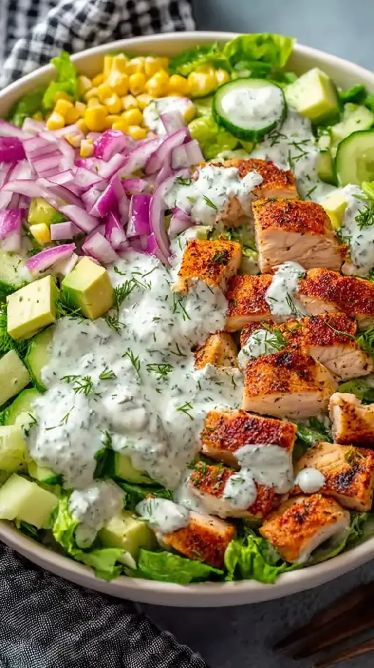 A bowl of creamy healthy ranch chicken salad topped with fresh chives.