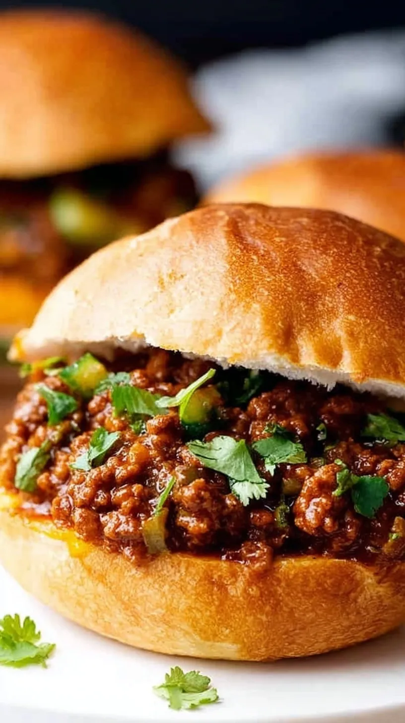 Healthy sloppy joes on whole grain buns served on a wooden board with fresh vegetables in the background