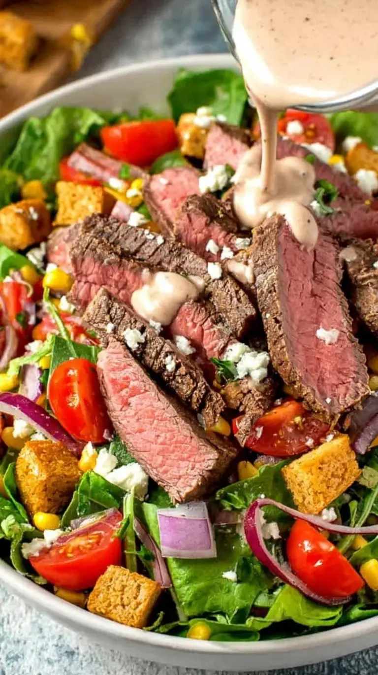 A vibrant southwest flank steak salad with grilled steak slices, avocado, corn, and black beans on a bed of romaine lettuce.