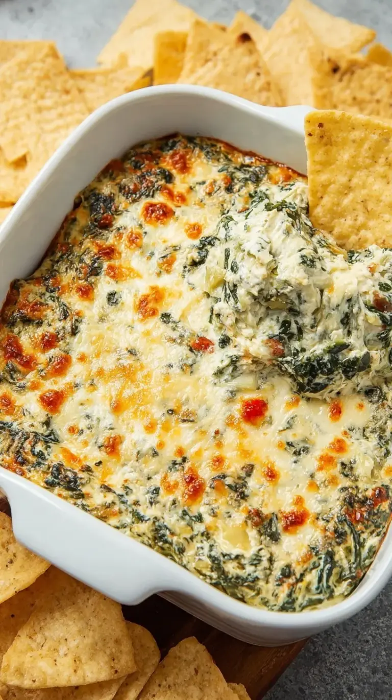 A bubbling bowl of Healthy Spinach Artichoke Dip served with fresh vegetables and pita chips.