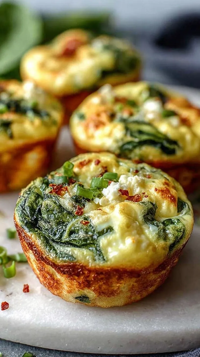 Golden baked egg muffins with green spinach and red peppers in a muffin tin