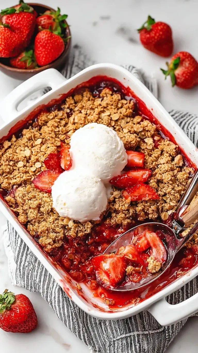 A golden brown healthy strawberry crisp in a white baking dish with bubbling red berries.