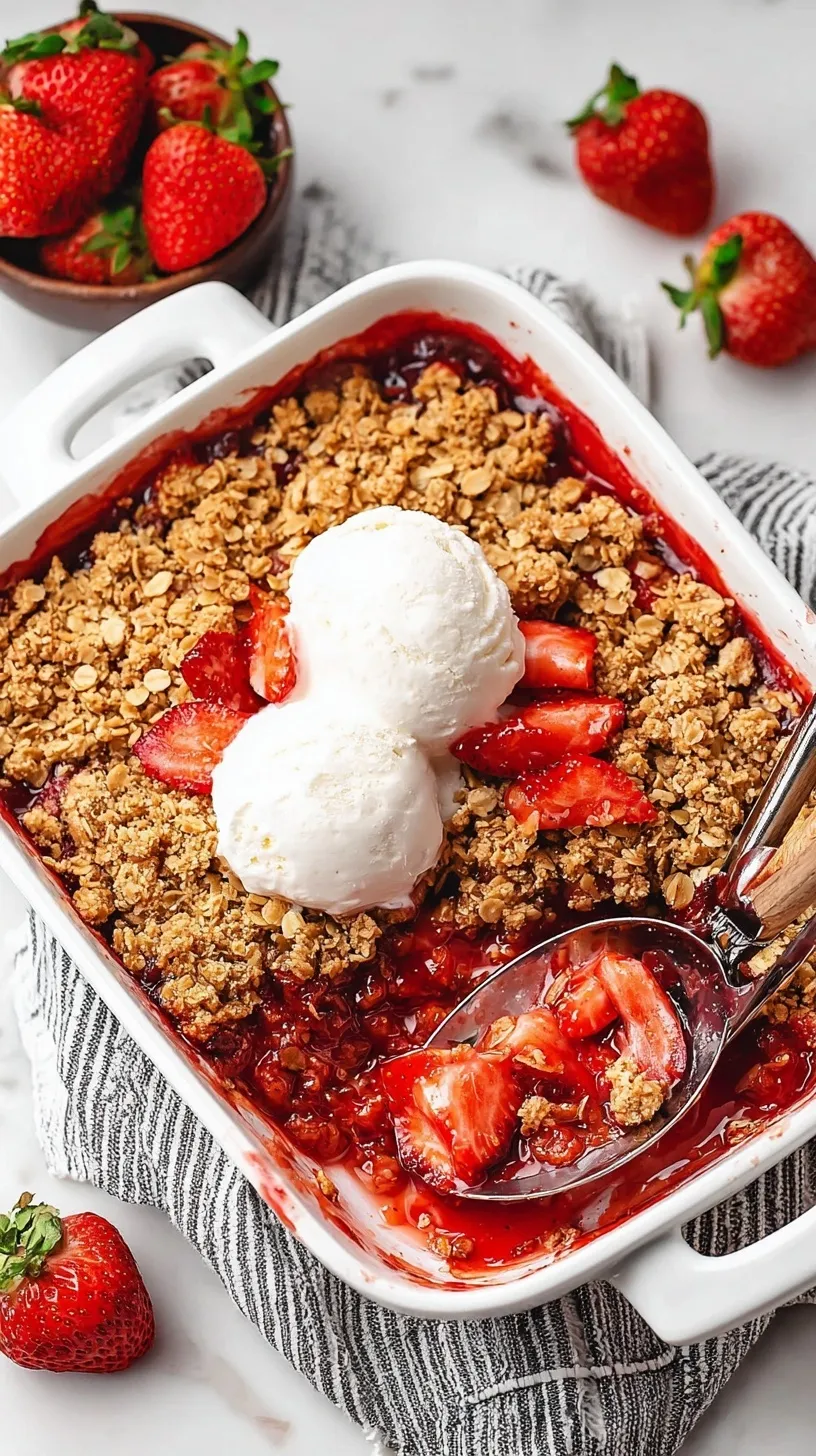 A golden brown healthy strawberry crisp in a white baking dish with bubbling red berries.