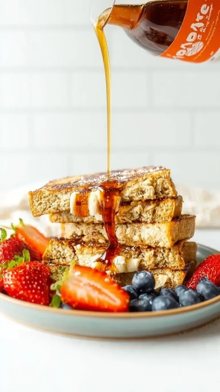 Golden brown stuffed French toast slices filled with almond butter and sliced bananas on a white plate.