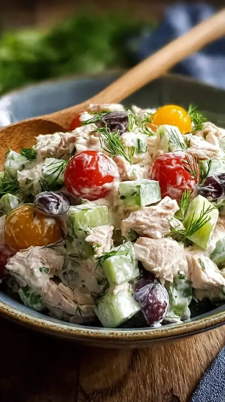 A bowl of healthy tuna salad with fresh parsley and celery on a light background