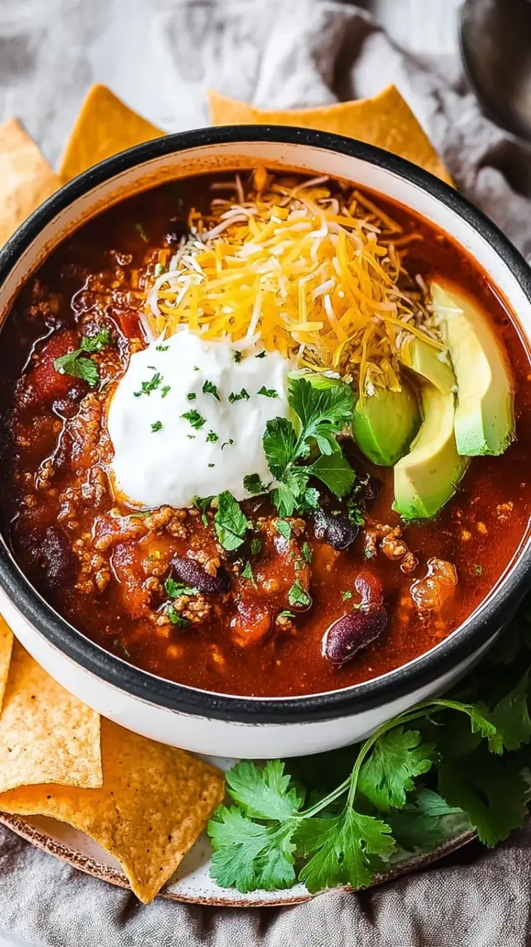 A steaming bowl of healthy turkey chili topped with fresh herbs and avocado.