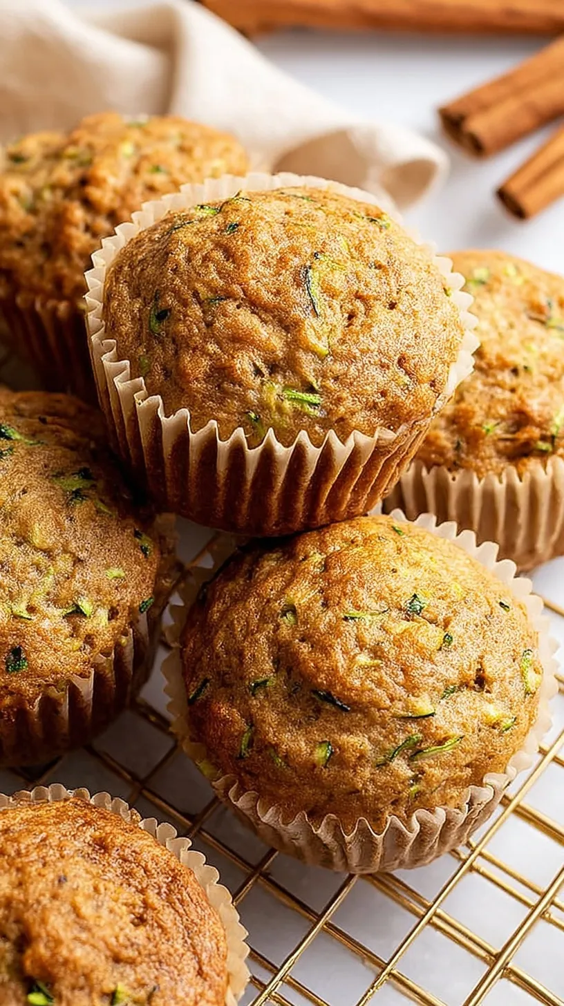 A stack of golden-brown healthy zucchini muffins with visible flecks of green and chopped walnuts.