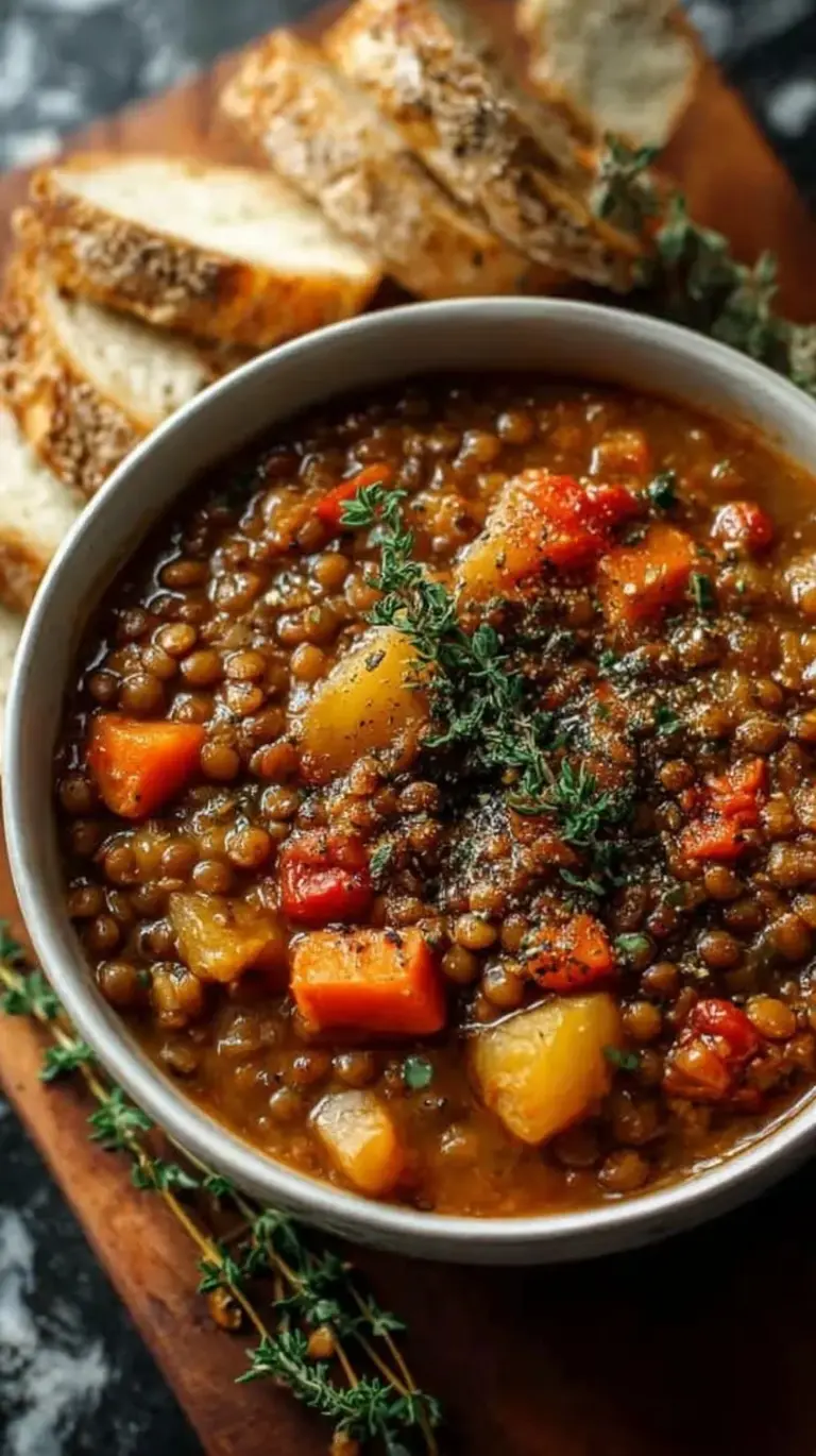 A steaming bowl of hearty lentil stew with fresh spinach and carrots