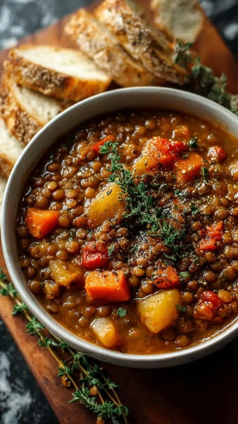 A steaming bowl of hearty lentil stew with fresh spinach and carrots