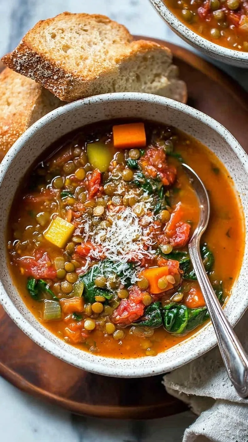 A steaming bowl of minestrone lentil soup with ditalini pasta and fresh spinach.