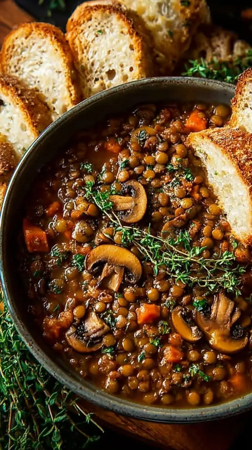 A steaming bowl of brown lentil and mushroom stew with kale and carrots.