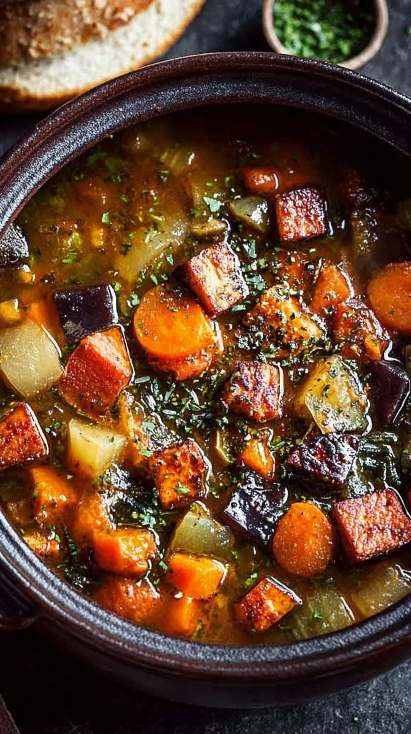 A steaming bowl of hearty vegan stew with smoked tofu, potatoes, and carrots