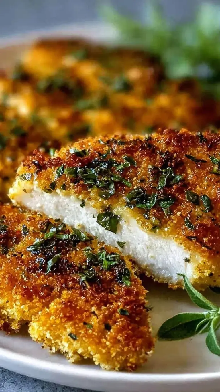 Golden brown herb-crusted baked parmesan chicken breasts on a parchment-lined tray