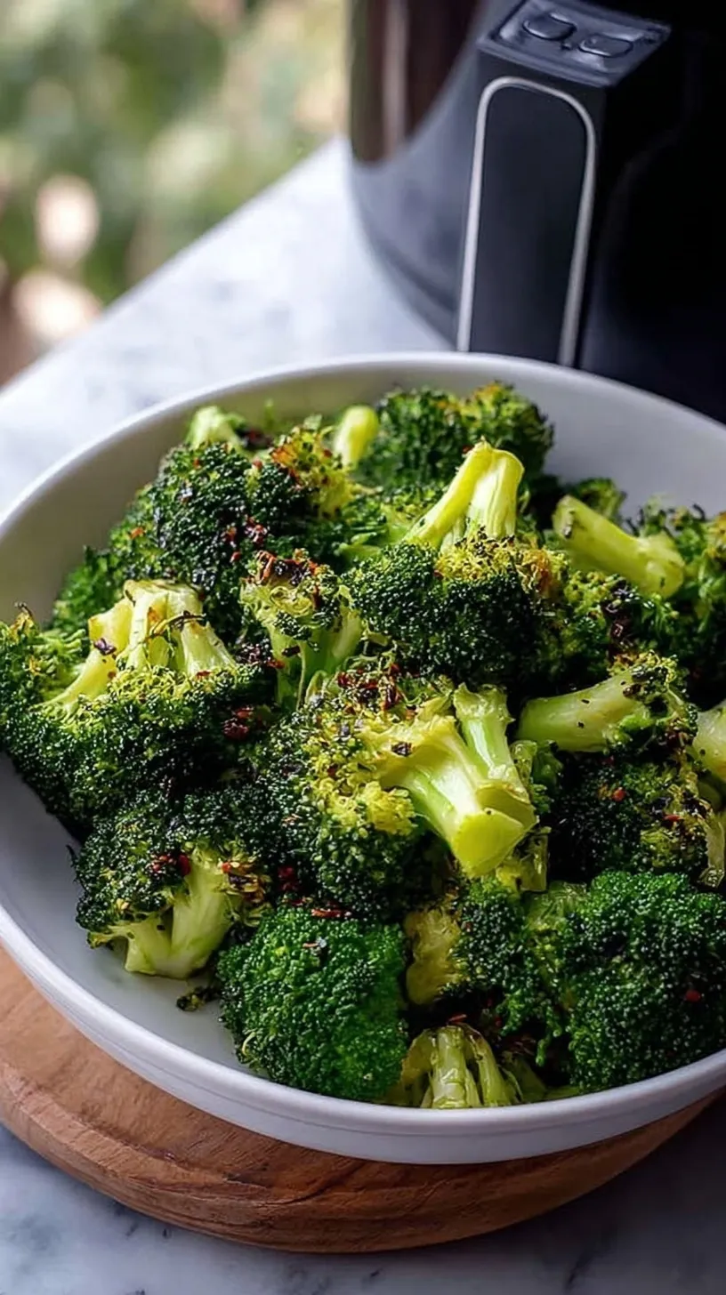 Crispy air fryer broccoli florets coated in nutritional yeast and parmesan cheese