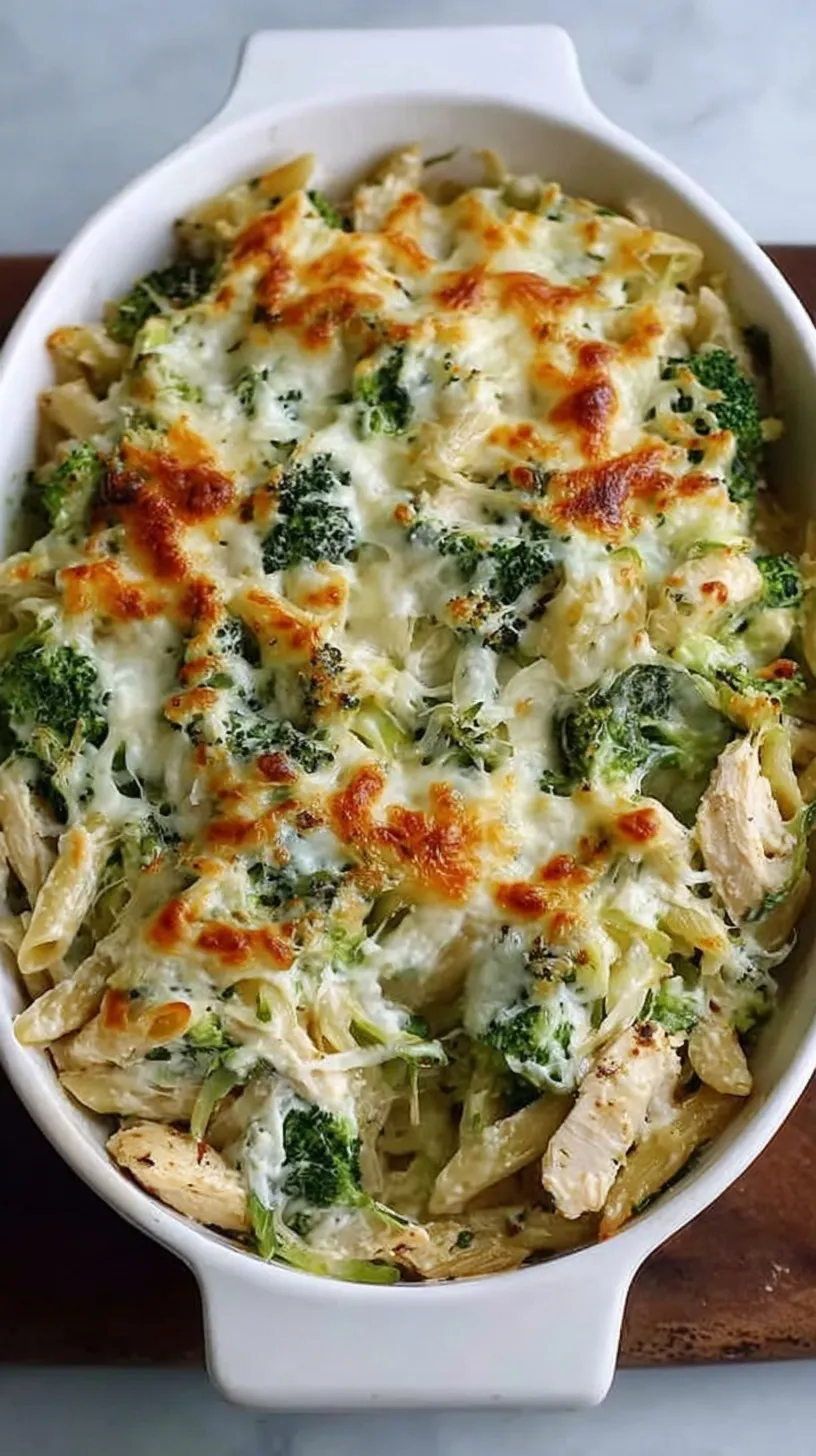 A golden, bubbling dish of high protein alfredo bake with melted mozzarella and fresh parsley.