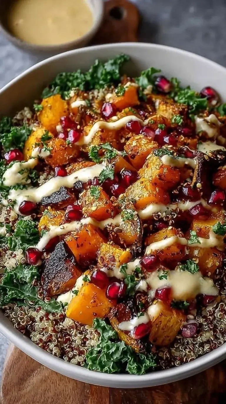 A vibrant harvest bowl with roasted sweet potatoes, Brussels sprouts, sliced chicken, and quinoa topped with tahini dressing.