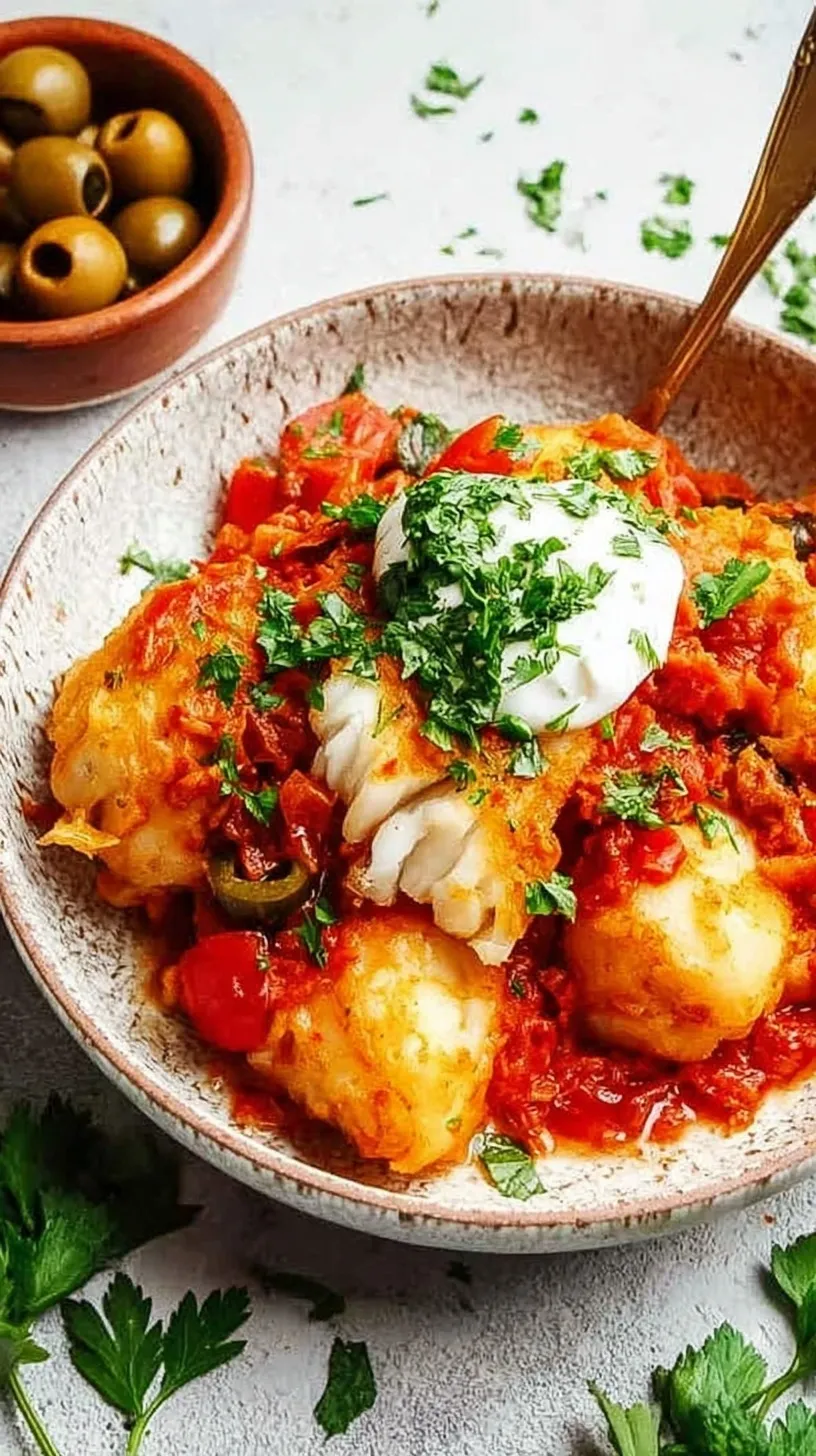 A white bowl filled with High Protein Bacalao in a rich red tomato sauce garnished with fresh parsley.