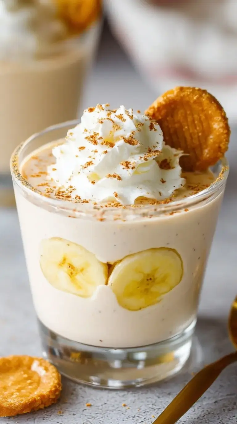 A smooth and creamy banana pudding in a glass ramekin topped with crushed graham crackers and fresh banana slices.