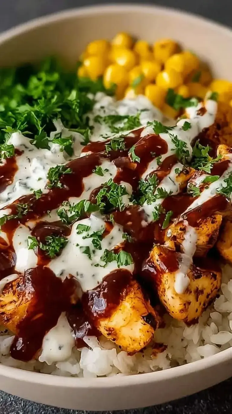 Four glass meal prep containers filled with BBQ chicken, brown rice, black beans, and corn drizzled with white ranch dressing.