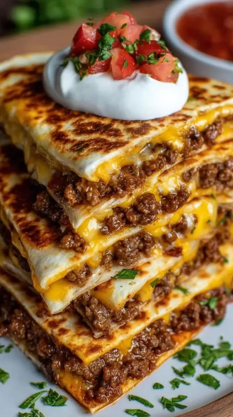 A golden brown high protein beef quesadilla sliced into wedges on a white plate with a side of Greek yogurt.