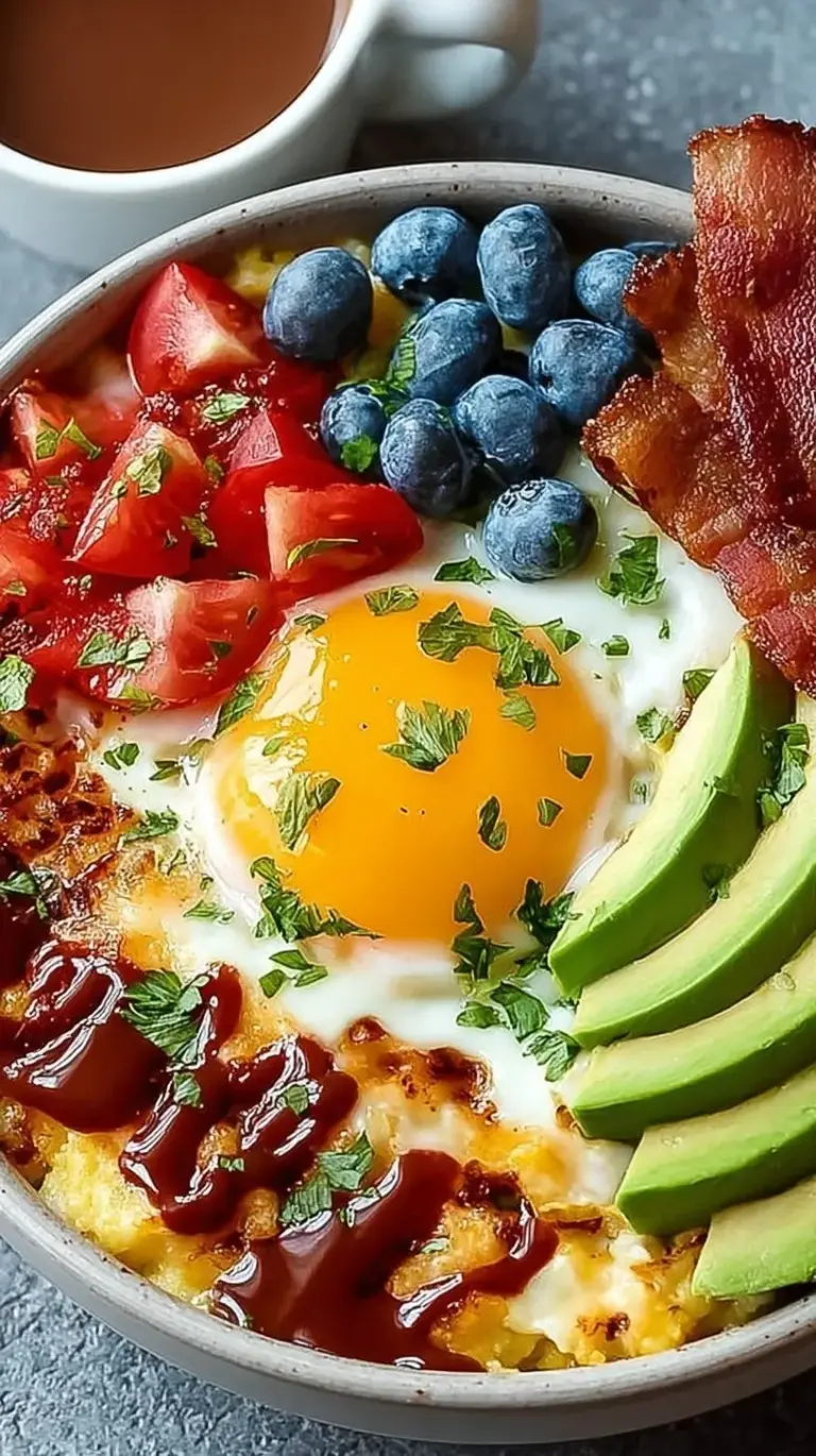 A vibrant savory quinoa breakfast bowl with jammy eggs, avocado, and black beans