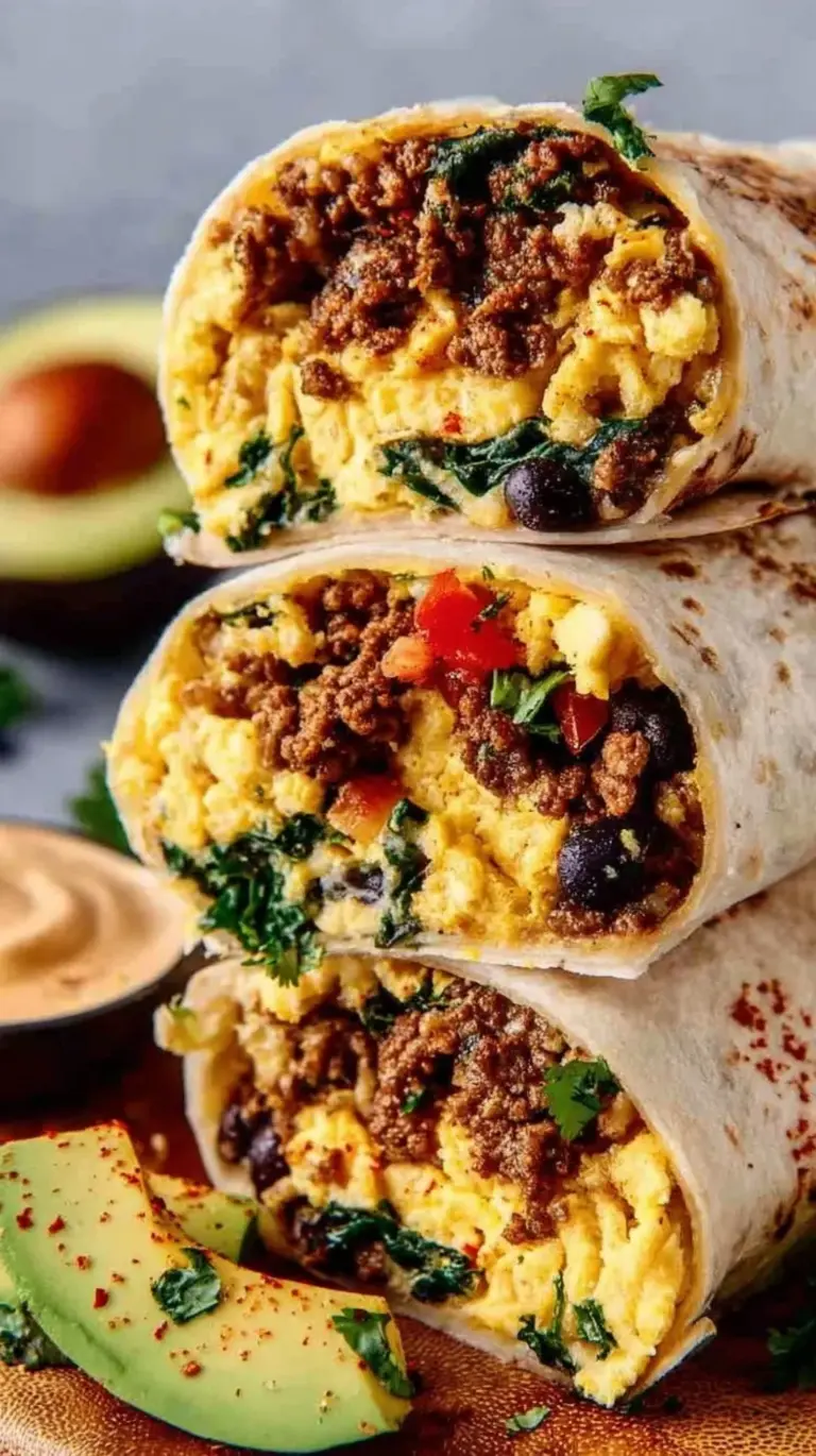 A golden brown high protein breakfast burrito sliced in half showing eggs, turkey, and black beans.