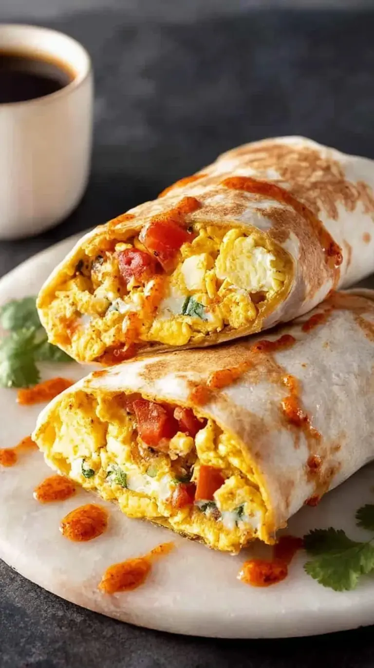 A stack of golden, toasted breakfast burritos filled with scrambled eggs, turkey, and black beans on a clean white plate.