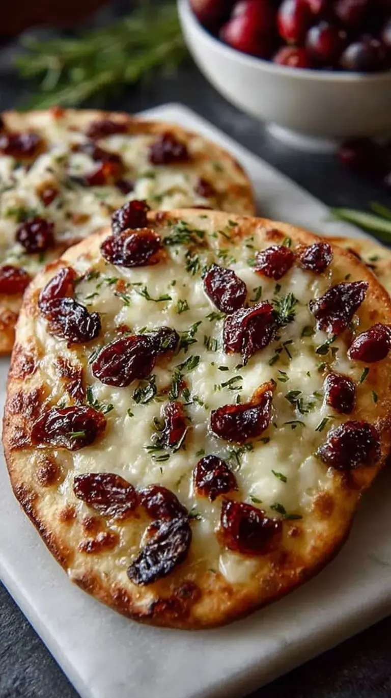 Two golden flatbreads topped with melted brie, red cranberry sauce, and fresh green arugula.
